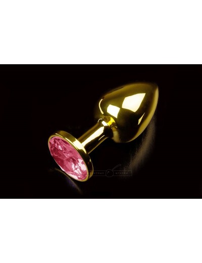 Маленькая золотистая анальная пробка с круглым кончиком и рубиновым кристаллом - 7 см.