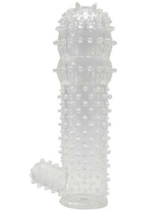 Прозрачная пупырчатая насадка на фаллос с язычком - 12,5 см.