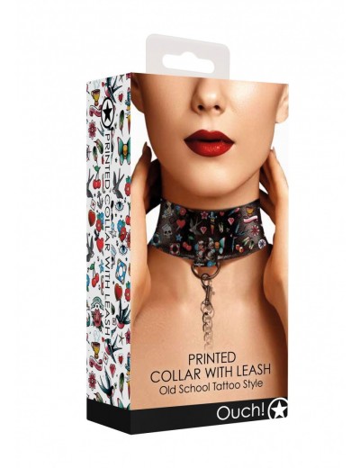 Ошейник Printed Collar With Leash Old School Tattoo Style