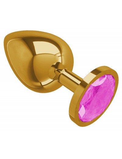 Золотистая большая анальная пробка с розовым кристаллом - 9,5 см.