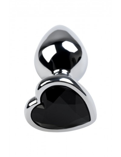 Серебристая коническая анальная пробка с черным кристаллом-сердечком - 7 см.