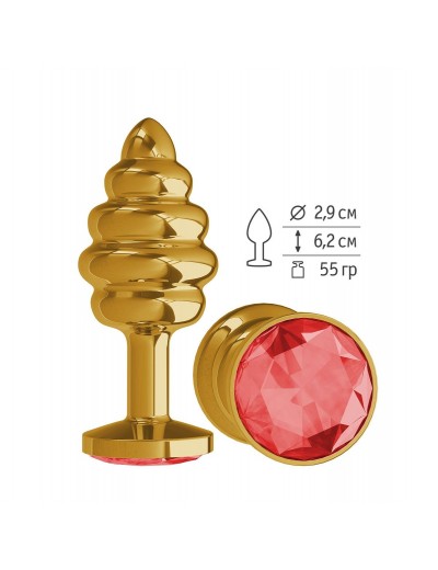 Золотистая пробка с рёбрышками и красным кристаллом - 7 см.