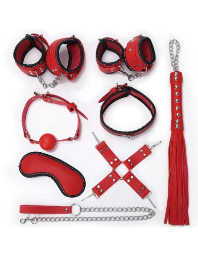 Пикантный красно-черный набор БДСМ: маска, ошейник, кляп, фиксатор, наручники, оковы, плеть
