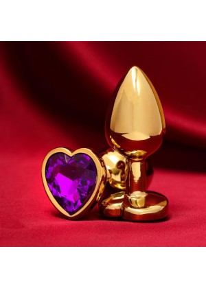 Золотистая анальная пробка с фиолетовым кристаллом в форме сердца