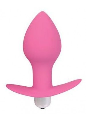 Розовая коническая анальная вибровтулка с ограничителем - 8 см.