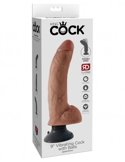 Кофейный виброфаллос со съемной присоской 9  Vibrating Cock with Balls - 22,9 см.