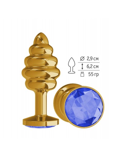 Золотистая пробка с рёбрышками и синим кристаллом - 7 см.