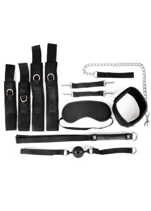 Черный текстильный набор БДСМ: наручники, оковы, ошейник с поводком, кляп, маска, плеть