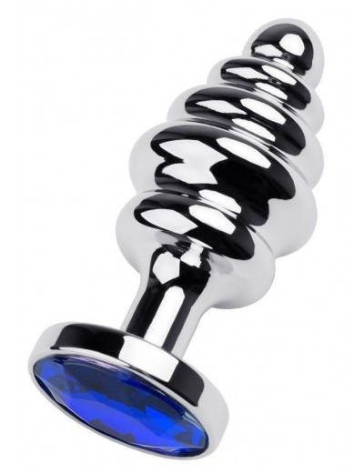 Серебристая анальная пробка-елочка с синим кристаллом - 7,2 см.