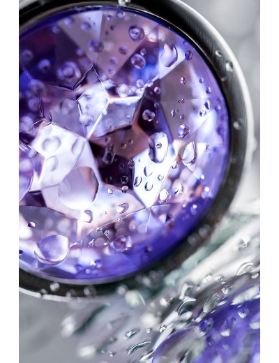 Серебристая гладкая коническая анальная пробка с фиолетовым кристаллом - 7 см.