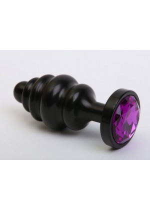 Черная фигурная анальная пробка с фиолетовым кристаллом - 8,2 см.