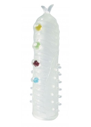 Закрытая белая насадка на пенис Crystal Sleeve с шариками и усиками - 14 см.