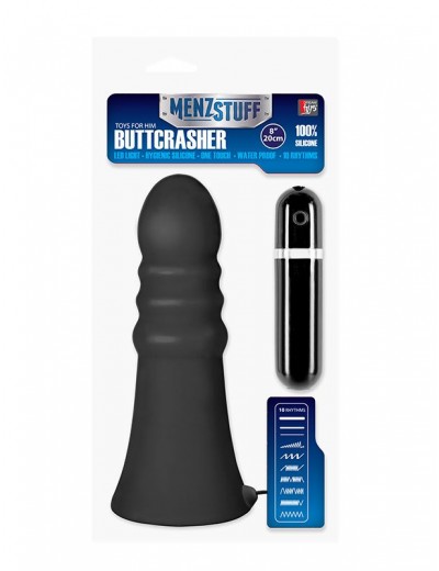 Большой чёрный анальный вибратор MENZSTUFF VIBRATING BUTTCRASHER RIBBED - 20 см.