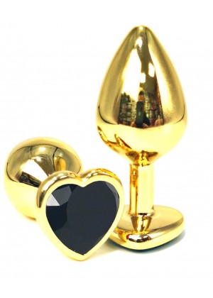 Золотистая анальная пробка с черным кристаллом-сердцем - 6 см.