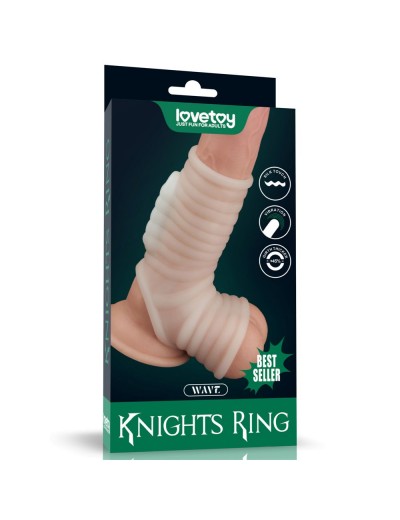 Белая ребристая вибронасадка на пенис Knights Ring с подхватом мошонки