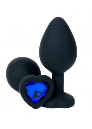 Черная силиконовая пробка с синим кристаллом-сердцем - 8 см.