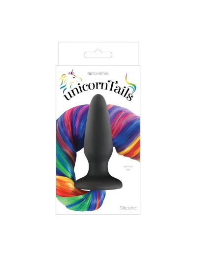 Чёрная анальная пробка с радужным хвостом Unicorn Tails Rainbow