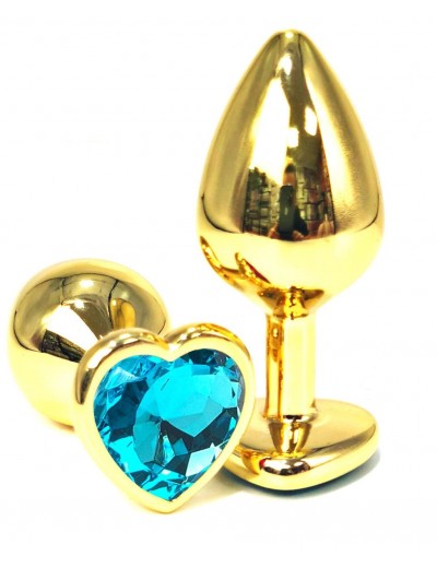 Золотистая анальная пробка с голубым кристаллом-сердцем - 7 см.