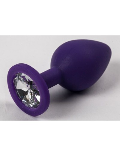 Фиолетовая силиконовая анальная пробка с прозрачным стразом - 8,2 см.