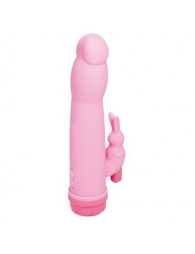 Розовый силиконовый массажёр с клиторальным отростком - 16,5 см.