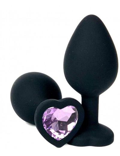 Черная силиконовая пробка с сиреневым кристаллом-сердечком - 7 см.