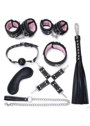 Пикантный черно-розовый набор БДСМ: маска, ошейник, кляп, фиксатор, наручники, оковы, плеть