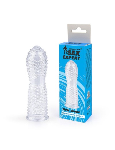 Закрытая прозрачная насадка на пенис с ребрышками - 13 см.