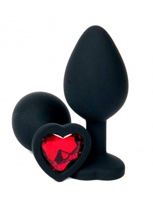 Черная силиконовая пробка с красным кристаллом-сердцем - 8,5 см.