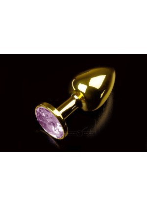 Маленькая золотистая анальная пробка с круглым кончиком и розовым кристаллом - 7 см.
