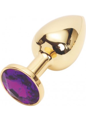 Золотистая анальная пробка с фиолетовым кристаллом размера M - 8 см.