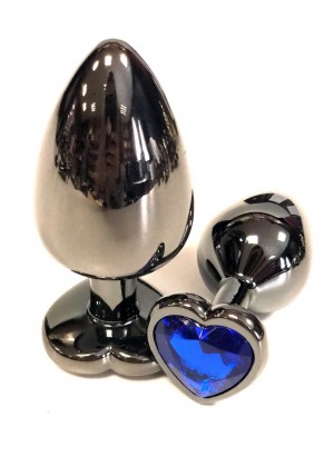Черная металлическая анальная пробка с синим стразом-сердечком - 7,5 см.