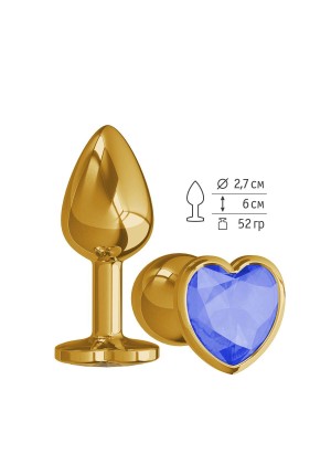 Золотистая анальная втулка с синим кристаллом-сердцем - 7 см.