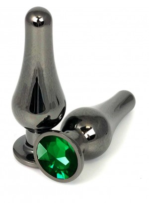 Черная удлиненная анальная пробка с зеленым кристаллом - 8 см.