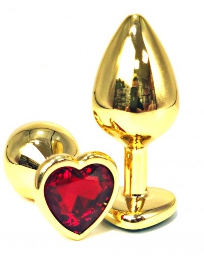 Золотистая анальная пробка с красным кристаллом-сердцем - 7 см.