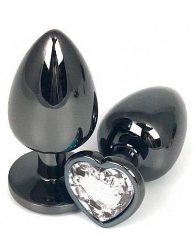 Черная металлическая анальная пробка с прозрачным стразом-сердечком - 6,5 см.