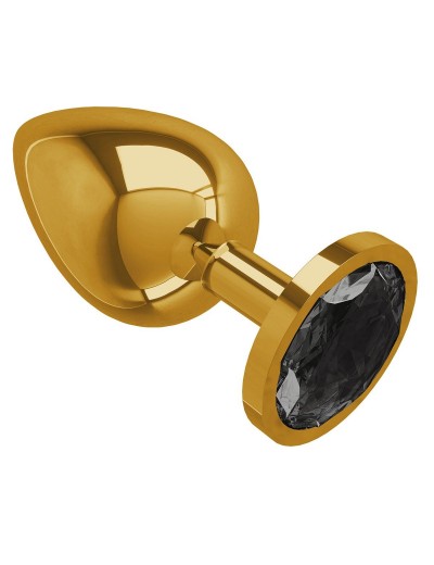 Золотистая большая анальная пробка с чёрным кристаллом - 9,5 см.