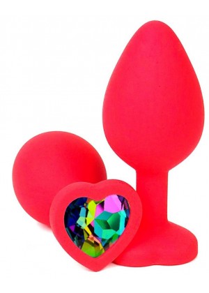 Красная силиконовая пробка с разноцветным кристаллом-сердечком - 8 см.