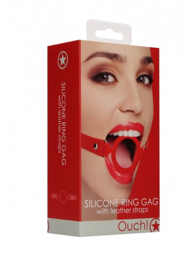 Красный кляп-кольцо с кожаными ремешками  Silicone Ring Gag with Leather Straps