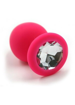 Розовая силиконовая анальная пробка с прозрачным кристаллом - 7 см.