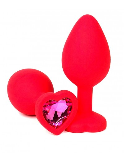 Красная силиконовая анальная пробка с розовым стразом-сердцем - 8 см.