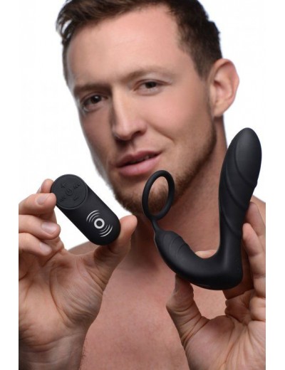 Черный вибростимулятор простаты Silicone Prostate Vibrator and Strap with Remote Control - 14,35 см.