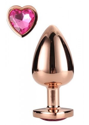 Золотистая анальная втулка с кристаллом-сердечком розового цвета - 7,1 см.