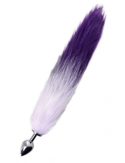 Серебристая металлическая анальная втулка с фиолетово-белым хвостом - размер S