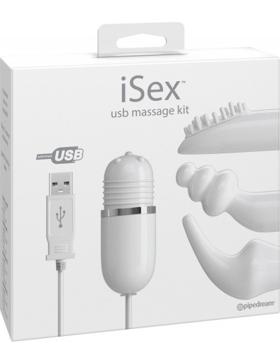 Белый вибромассажер с набором насадок USB MASSAGE KIT на проводе USB