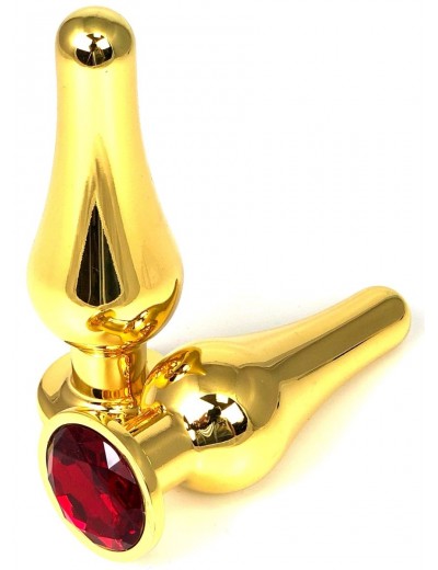 Золотистая удлиненная анальная пробка с красным кристаллом - 8 см.