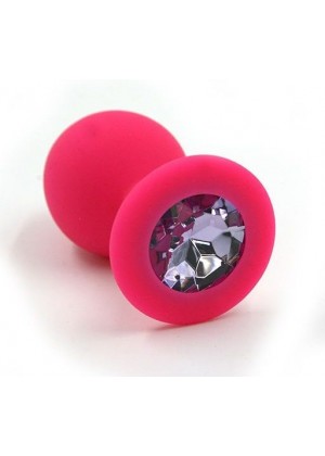 Розовая силиконовая анальная пробка с светло-фиолетовым кристаллом - 7 см.