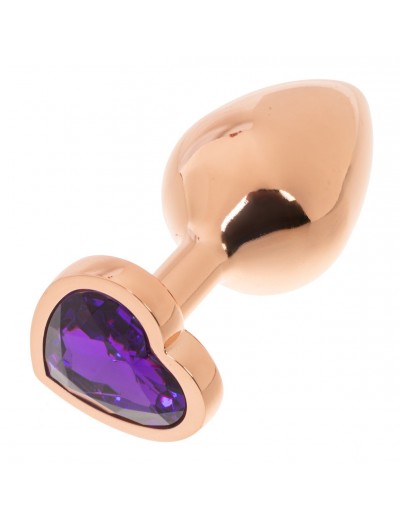 Золотистая анальная пробка OYO с фиолетовым кристаллом-сердцем - 7,3 см.