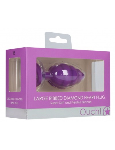 Фиолетовая анальная пробка Large Ribbed Diamond Heart Plug - 8 см.